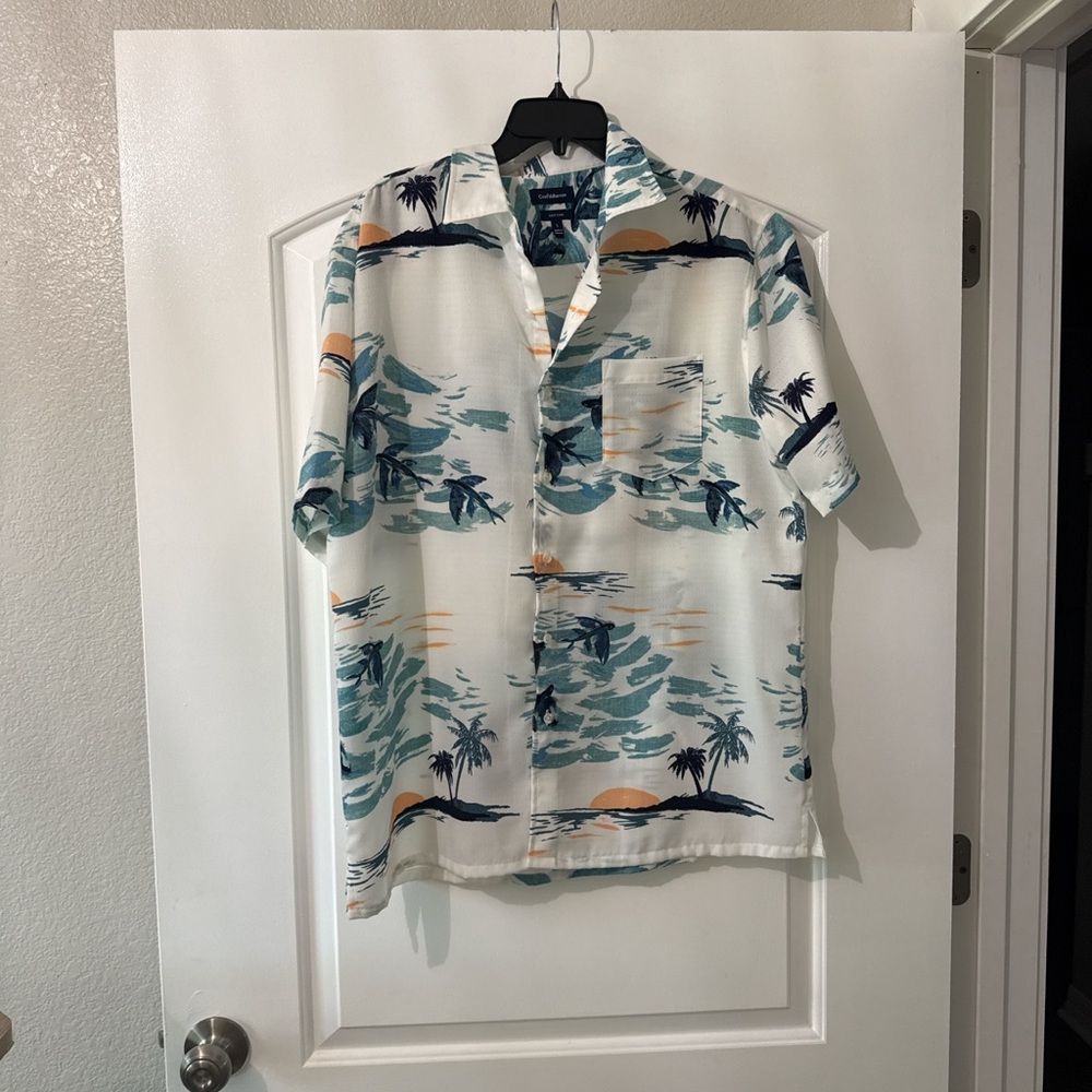 Tropical Print Short-Sleeve Camp Shirt - White/Teal